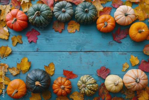 Colorful autumn pumpkins displayed on a rustic wooden shelf surrounded by vib...