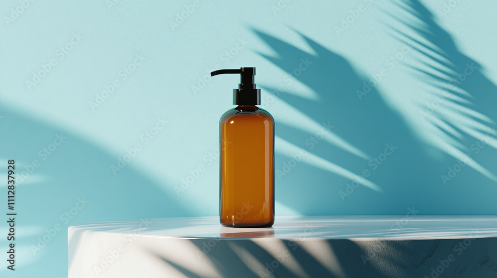 Amber Bottle on a White Surface Casting Shadows Against a Blue Wall With Palm Leaf Patterns in the Afternoon Light Amber Bottle on a White Surface Casting Shadows Against a Blue Wall With Palm Leaf Patterns in the Afternoon Light