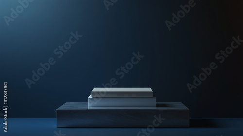 Minimalist Display of Stacked Rectangular Objects on a Contrasting Surface in Subdued Lighting for Artistic Effect