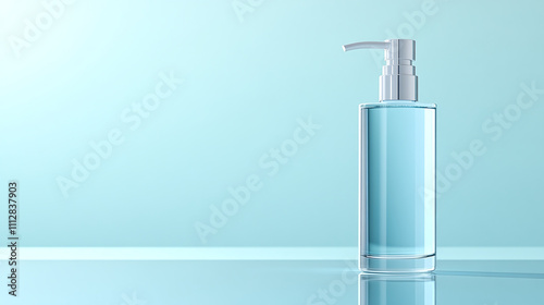 Transparent Bottle With Pump Dispenser on a Reflective Surface in a Serene Blue Setting