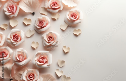 Pink roses adorned with paper hearts create a romantic and inviting atmospher...