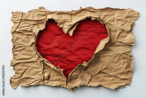 A heart shape constructed from crumpled brown paper reveals a vibrant red fab...
