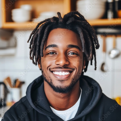 Young man with dreadlocks smiles in a cozy kitchen while preparing a meal