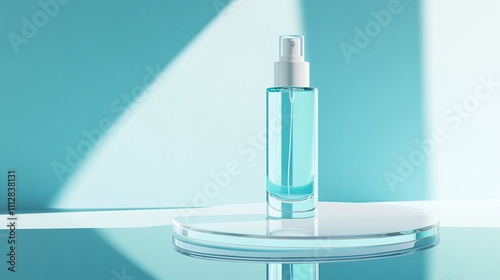 Clear Glass Bottle With Turquoise Liquid Sits Elegantly on a Reflective Surface in Bright Lighting