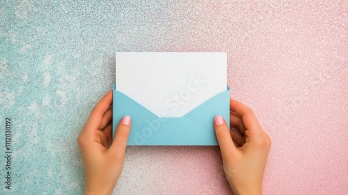 Hands holding a blank card above a turquoise envelope on a festive table