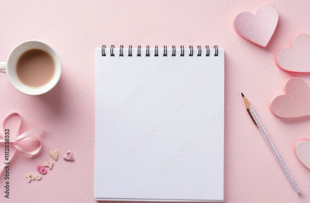 Creative workspace setup with blank notepad and coffee on a pink background Creative workspace setup with blank notepad and coffee on a pink background