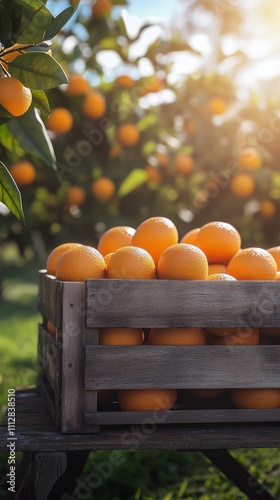 Sunset over an orange orchard with a wooden crate full of fresh oranges being...