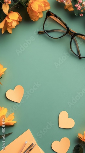Creative workspace featuring stationary, heart cutouts, and eyewear on vibran...