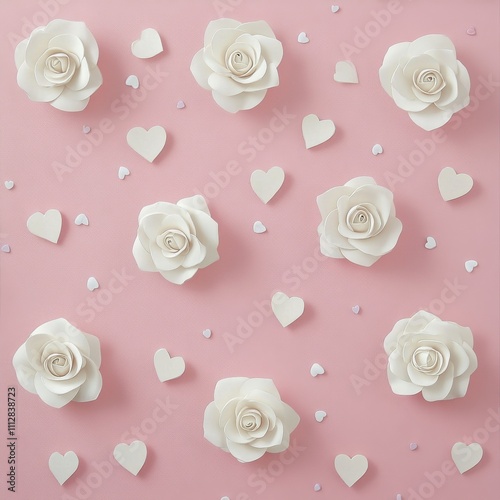 Romantic roses and heart decorations create a delicate arrangement on a soft ...