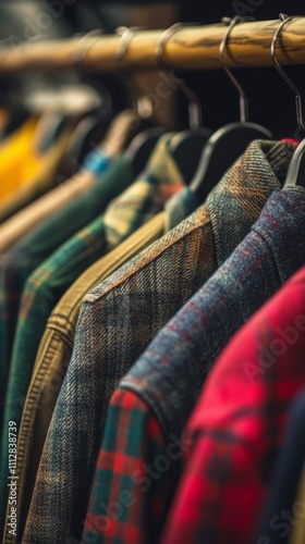 Fashionable plaid shirts hanging in a boutique showcasing autumn apparel coll...