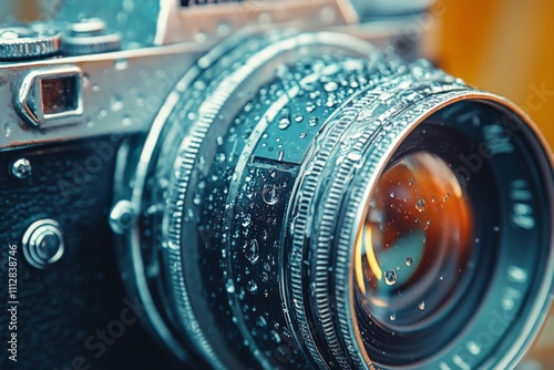 Close up of a vintage camera lens showcasing intricate details and craftsmans...