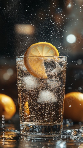 Refreshing citrus drink with sparkling water and dried lemon garnish in vibra...
