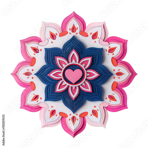 Colorful mandala design with a central heart, pink and blue floral patterns, isolated on transparent background  
