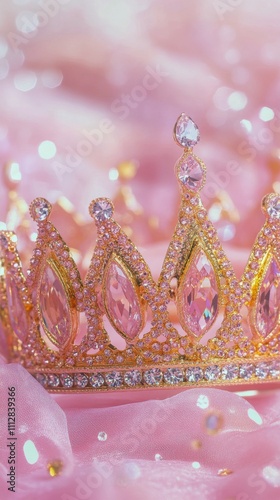 Elegant pink crown adorned with sparkling jewels resting on soft fabric