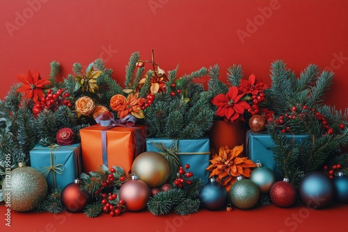 Festive holiday decorations with colorful ornaments and wrapped gifts on a re...