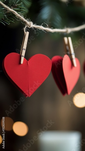 Red paper hearts hanging on string with blurred lights in the background duri...