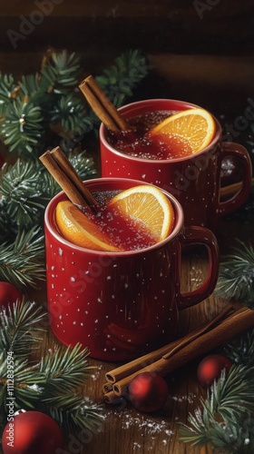 Warm holiday drinks served in red mugs with spices and orange slices on a fes...