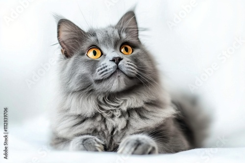 Grey fluffy cat with bright yellow eyes relaxing on soft white surface