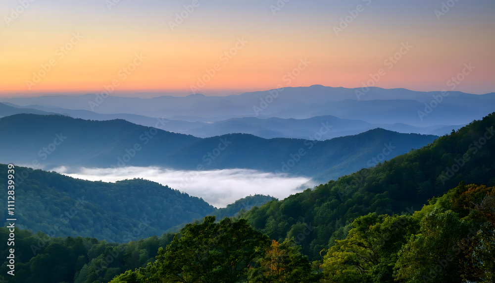 Majestic sunrise over misty valleys in the Great Smoky Mountains, where dreams of wanderlust come alive in Tennessee and North Carolina