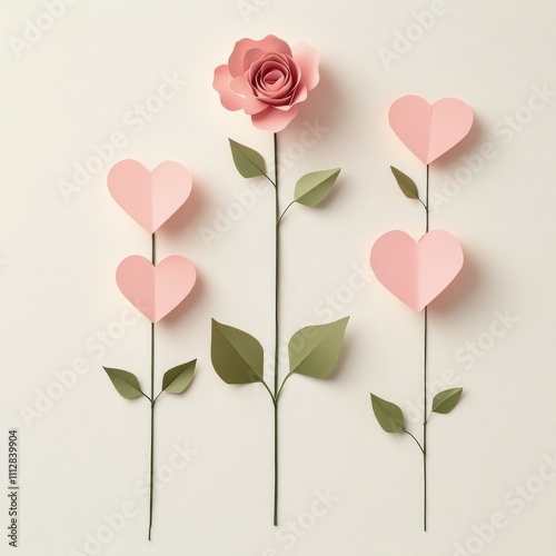 Colorful paper hearts and roses arranged on a light background for decoration...