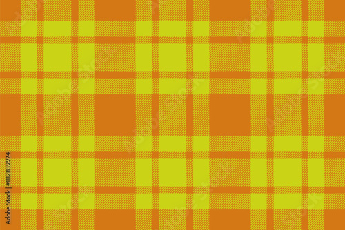 Seasonal plaid background pattern, doodle textile fabric seamless. Identity vector tartan texture check in orange and lime colors.