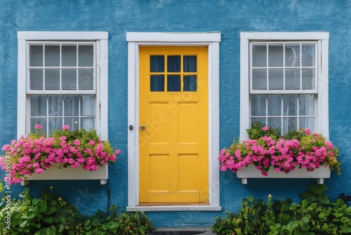 Bright yellow door framed by vibrant flowers on a blue house exterior