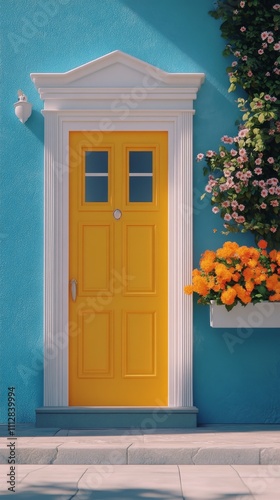 Charming yellow door on a bright blue house adorned with flowers and greenery