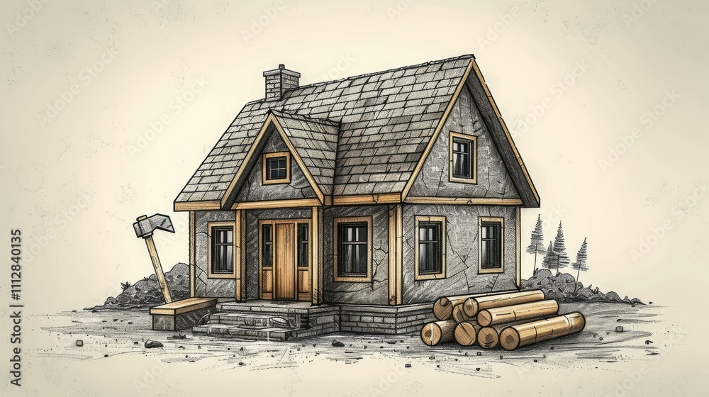 Sketch of a newly built house with construction tools and lumber. Sketch of a newly built house with construction tools and lumber.