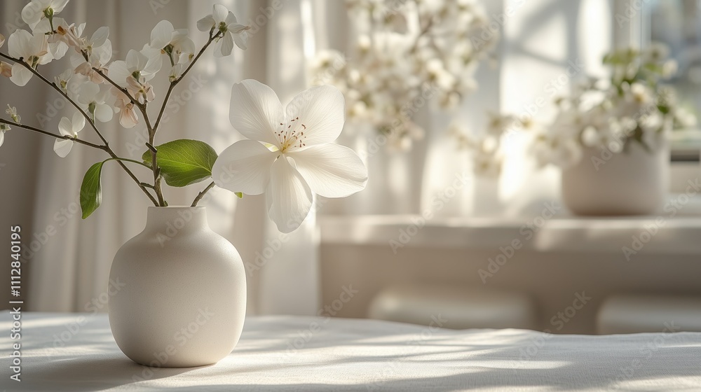Elegant white flower arrangement in minimalist vase with sunlit background Elegant white flower arrangement in minimalist vase with sunlit background