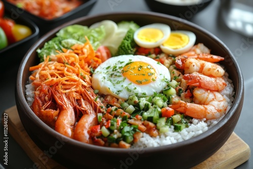 Delicious bowl of shrimp, vegetables, and rice topped with a fried egg served...
