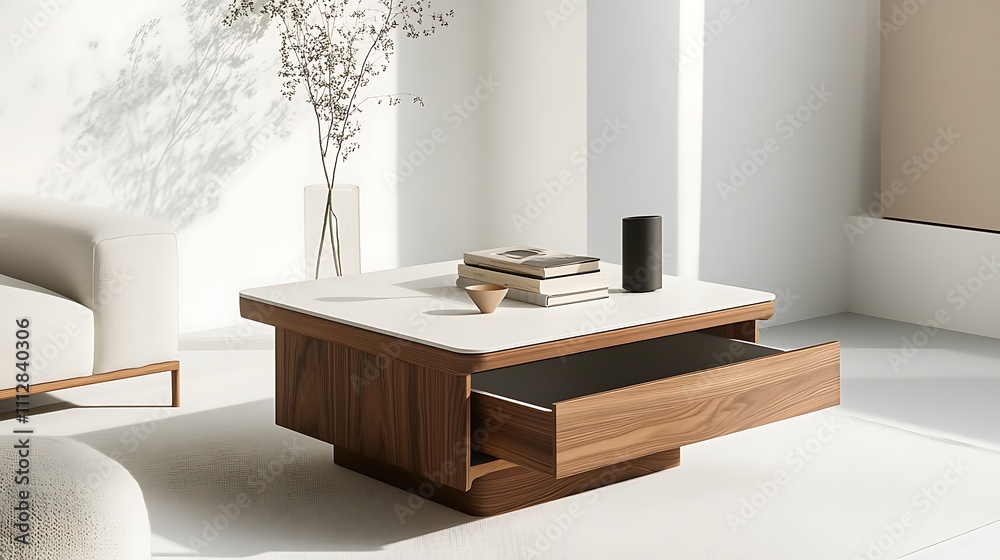 Obraz premium A white coffee table with a brown drawer and a vase of flowers on top