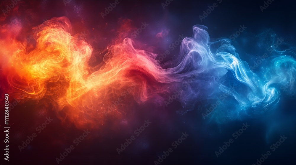 Vibrant interplay of fire and water elements in colorful smoke swirls Vibrant interplay of fire and water elements in colorful smoke swirls