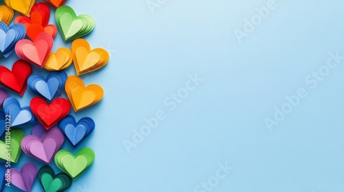 Colorful paper hearts arranged on a blue background for decoration and craft ...