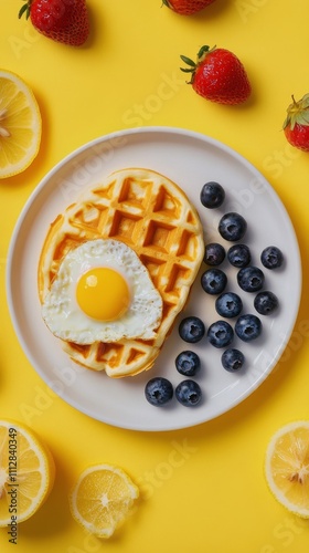 Delicious waffle breakfast topped with lemon, berries, and a fried egg on a v...