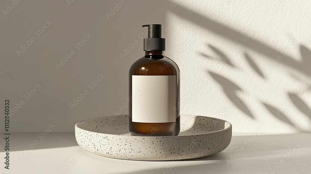 Elegant Amber Bottle With Blank Label on Minimalist Speckled Tray Against Soft Sunlight and Shadowed Wall Elegant Amber Bottle With Blank Label on Minimalist Speckled Tray Against Soft Sunlight and Shadowed Wall