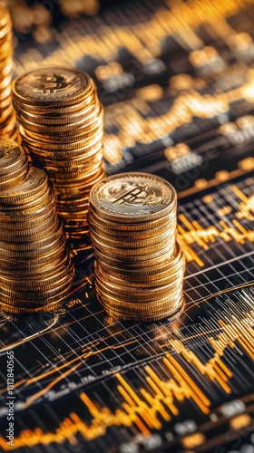 Stacked golden coins and financial charts showcasing cryptocurrency trends at...