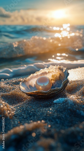 Beautiful pearl nestled in an open oyster on a serene beach at sunset