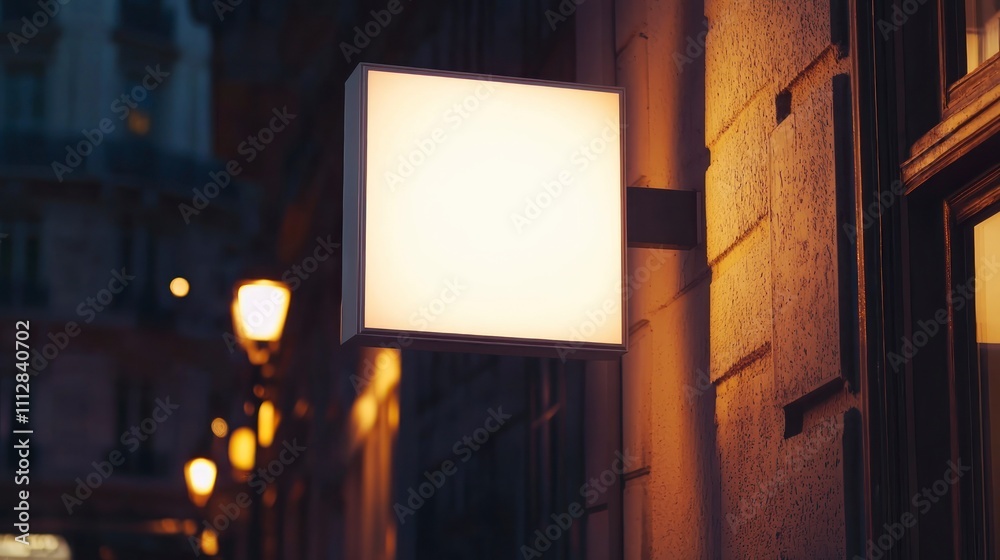 Illuminated square lightbox sign on the side of a street at dusk Illuminated square lightbox sign on the side of a street at dusk