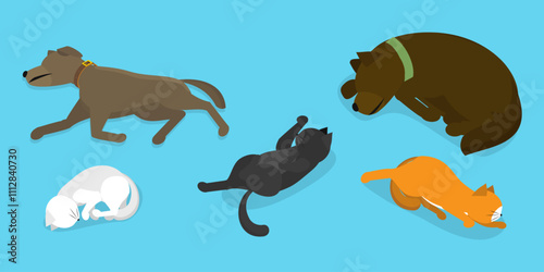 3D Isometric Flat Vector Illustration of Sleeping Pets, Adorable Sleeping Pets Collection Featuring Cats And Dogs