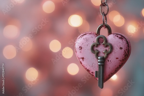 Heart shaped lock hanging from a chain surrounded by soft pink bokeh lights