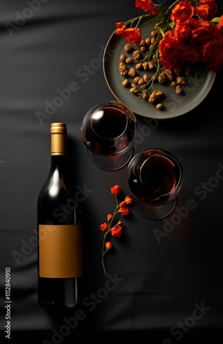 Gourmet meal with roasted chicken, red wine, and garnishes on dark table setting