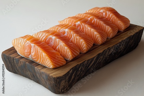 Fresh salmon slices prepared with herbs and spices on wooden board at a rusti...