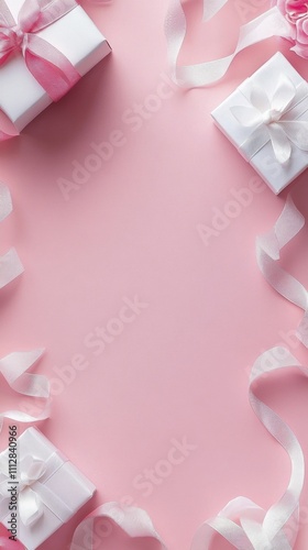 Elegant pink gift boxes arranged on a soft pink background for a festive cele...