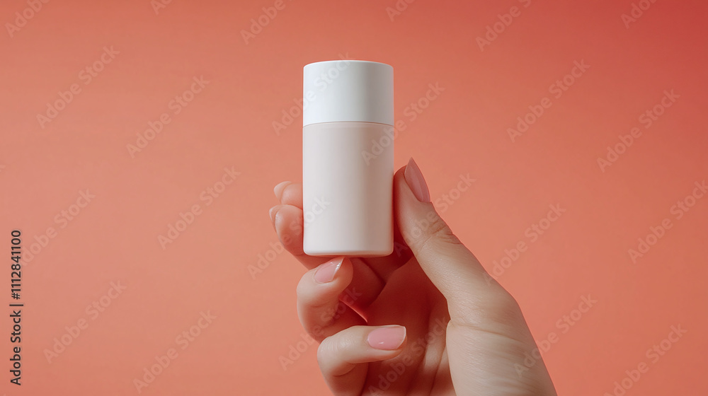 Hand Holding a Sleek, Minimalist Container Against a Soft Coral Background Showcasing a Modern Skincare Product