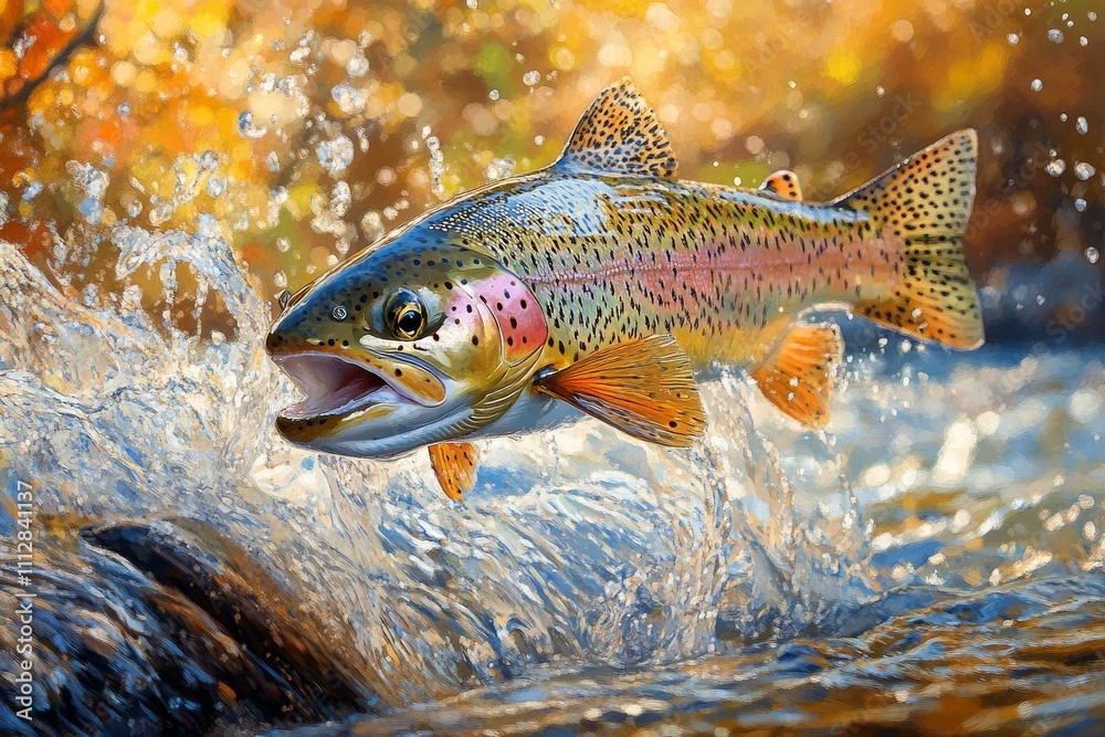 Naklejka premium Rainbow trout leaping from a clear stream surrounded by autumn foliage