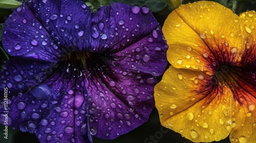 Two vibrant, colorful flowers, a deep purple and a golden yellow, adorned with water droplets. photo