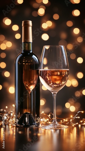 Sparkling celebration with champagne bottle and flute surrounded by golden bo...