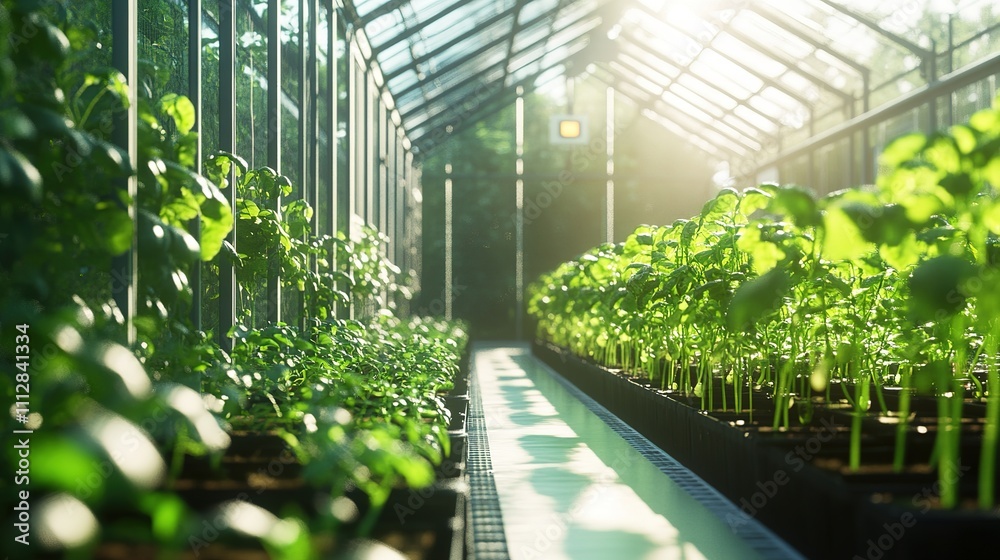 A smart greenhouse equipped with digital controls for temperature, humidity, and lighting, enhancing crop yields. A smart greenhouse equipped with digital controls for temperature, humidity, and lighting, enhancing crop yields.