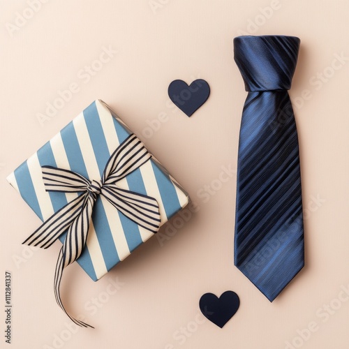 Gift box with ribbon and tie beside colorful paper hearts on a soft background