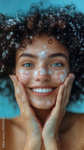 Smiling young woman applying facial mask in natural light indoors in a warm e...
